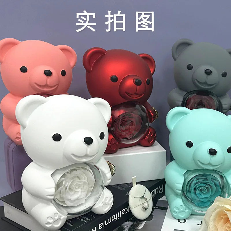 Eternal Rose Teddy Bear Gifts Box with Necklace Rotate Rose Jewelry Box Valentine Wedding Storage Gift Case for Women Girlfriend