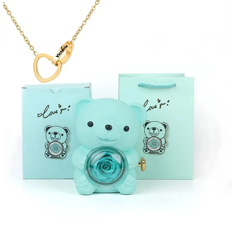 Eternal Rose Teddy Bear Gifts Box with Necklace Rotate Rose Jewelry Box Valentine Wedding Storage Gift Case for Women Girlfriend