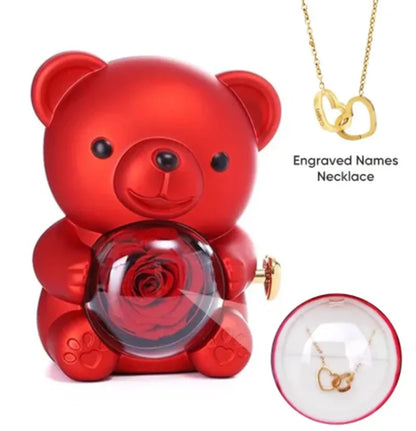 Eternal Rose Teddy Bear Gifts Box with Necklace Rotate Rose Jewelry Box Valentine Wedding Storage Gift Case for Women Girlfriend